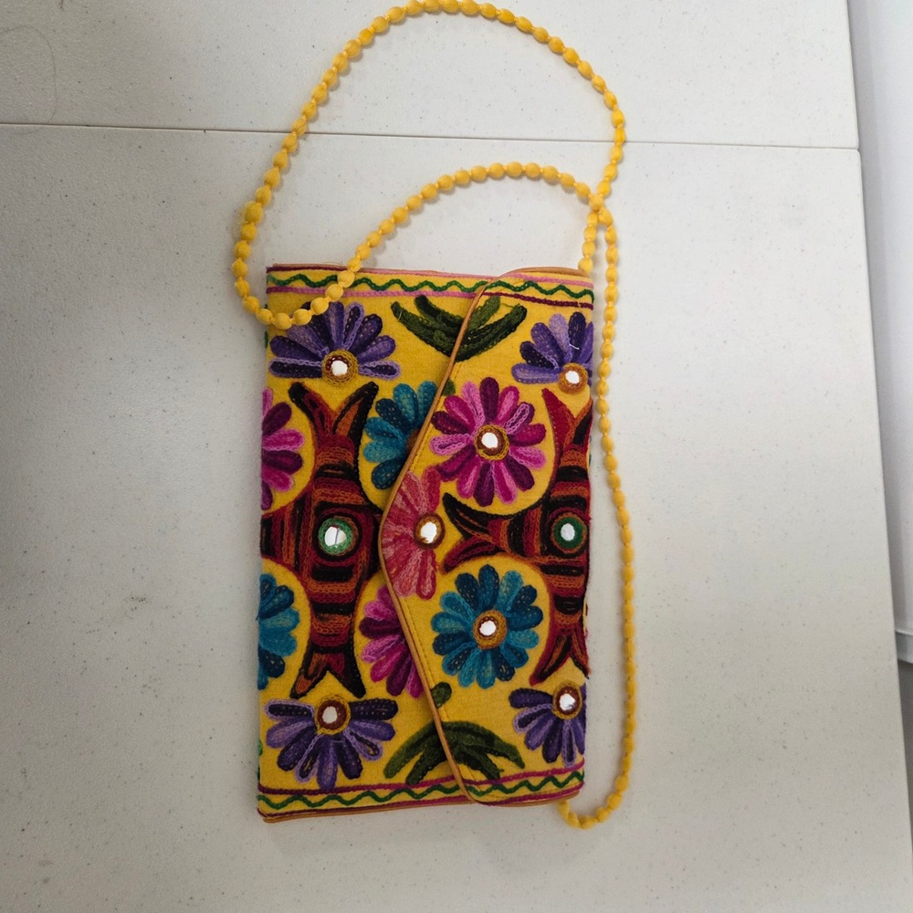 Yellow Embroidered Mirror Work Boho Crossbody Bag Floral Shisha Folk Art Purse